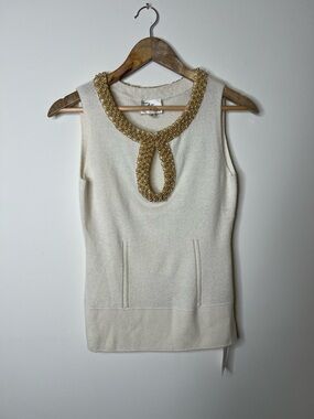 Milly Cream Knit Sleeveless Top with Gold Beaded Neckline